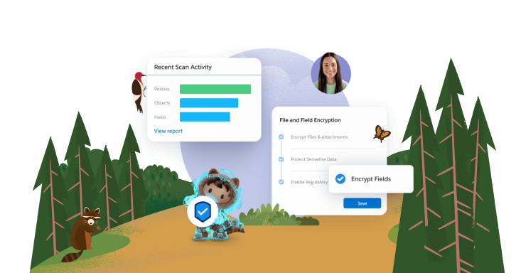 Salesforce Shield Astro holding the icon and illustrations of "recent scans activity" and "file and field encryption"