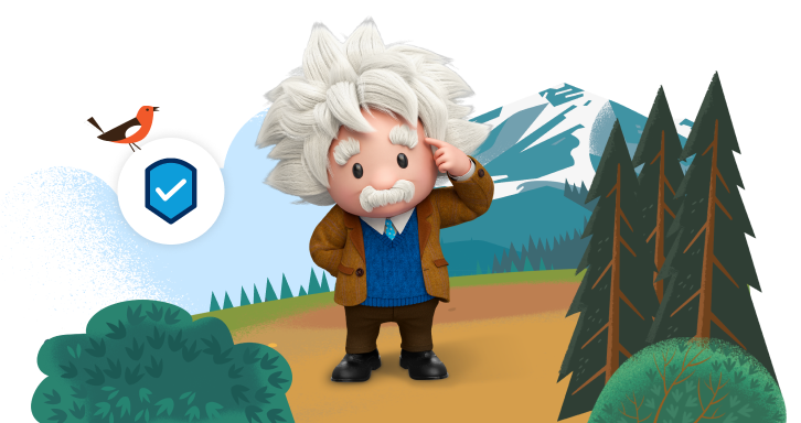 Einstein standing next to the shield icon in the forest